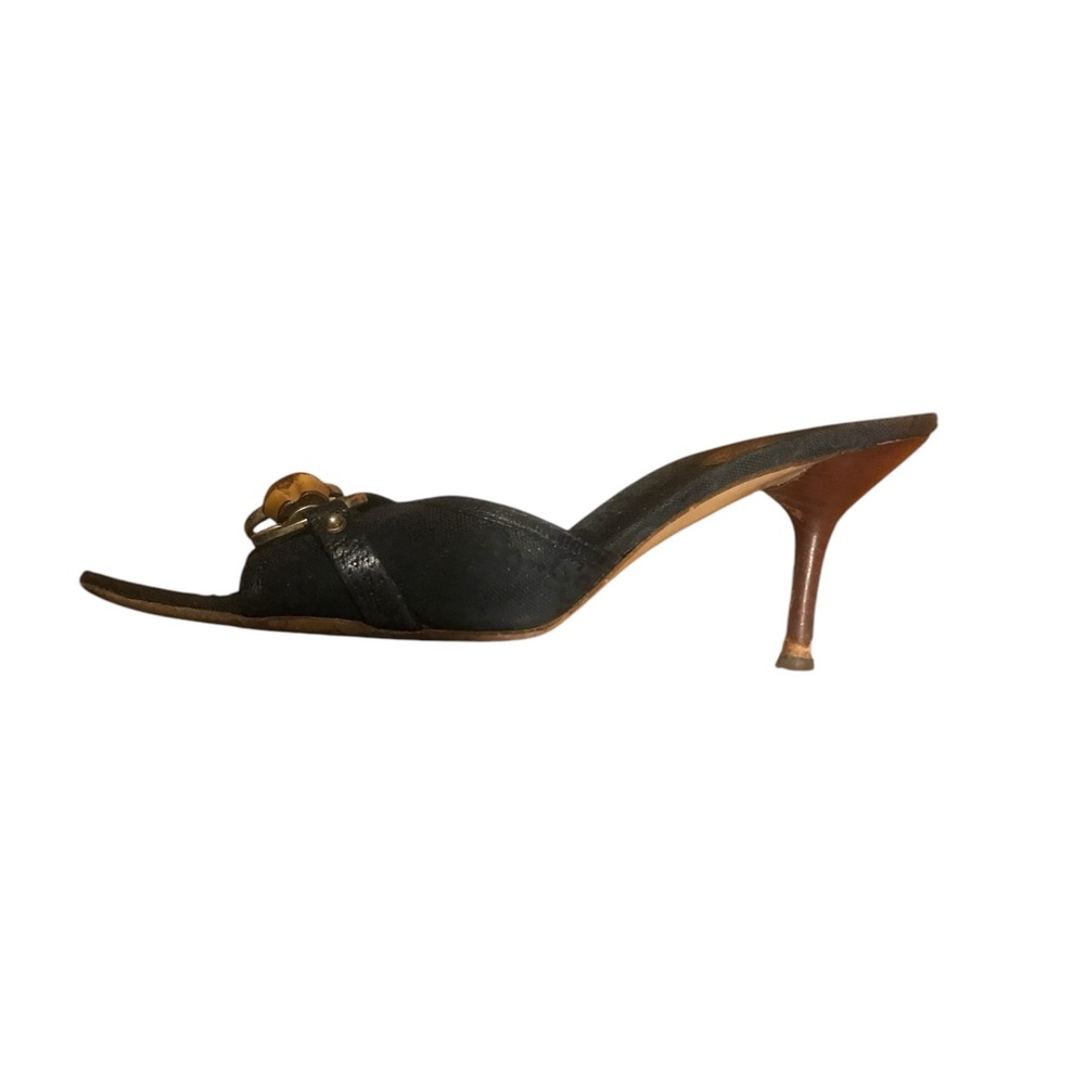 Authentic Gucci Women's Blk Leather & Bamboo Straw Bit Open Toe Sandal Heel 8.5 - Picture 5 of 5